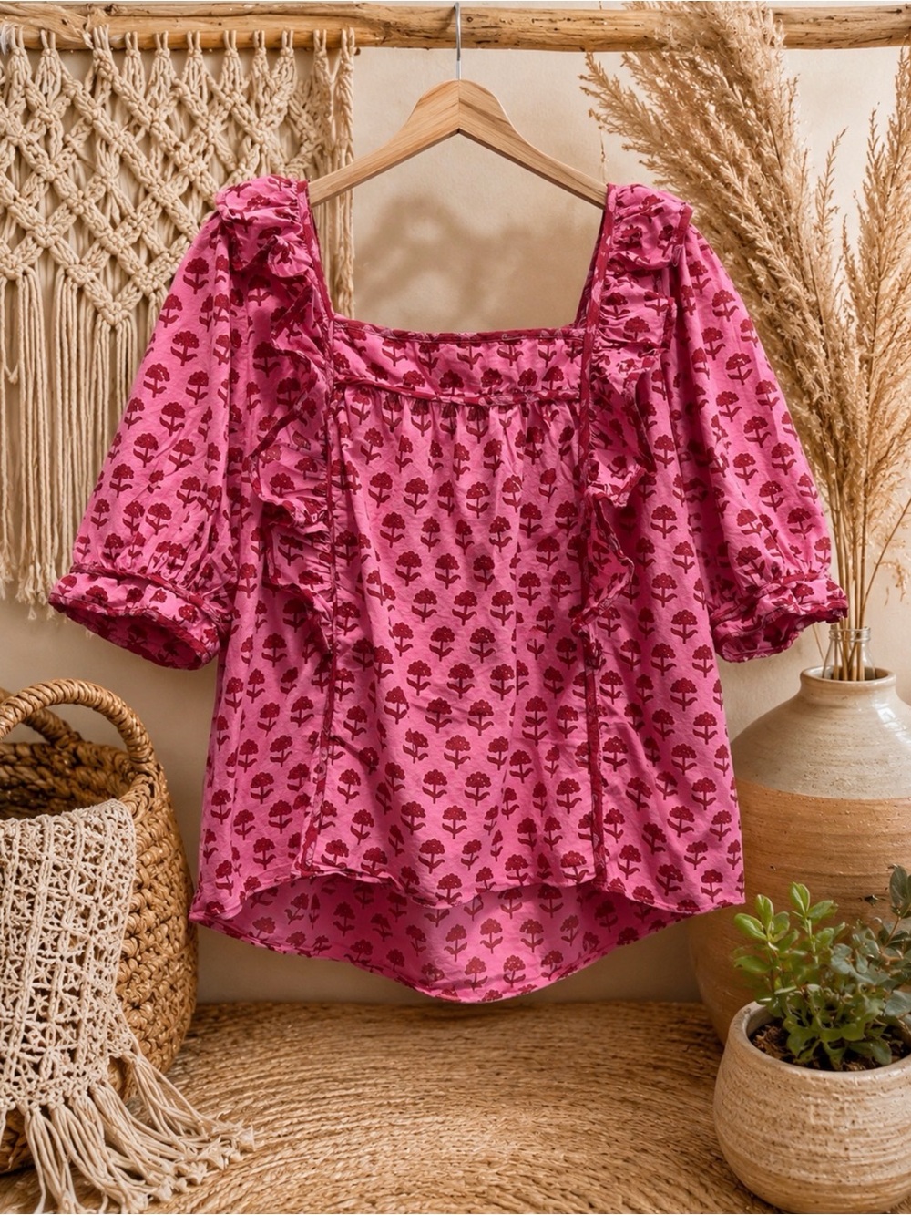 Ophelia & indigo Pink Printed Ruffle Square-Neck Women's cotton Top